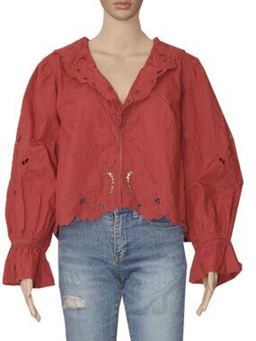 Free People Maisie Cutwork Top V Neck Embroidered Bell Sleeve Brick M